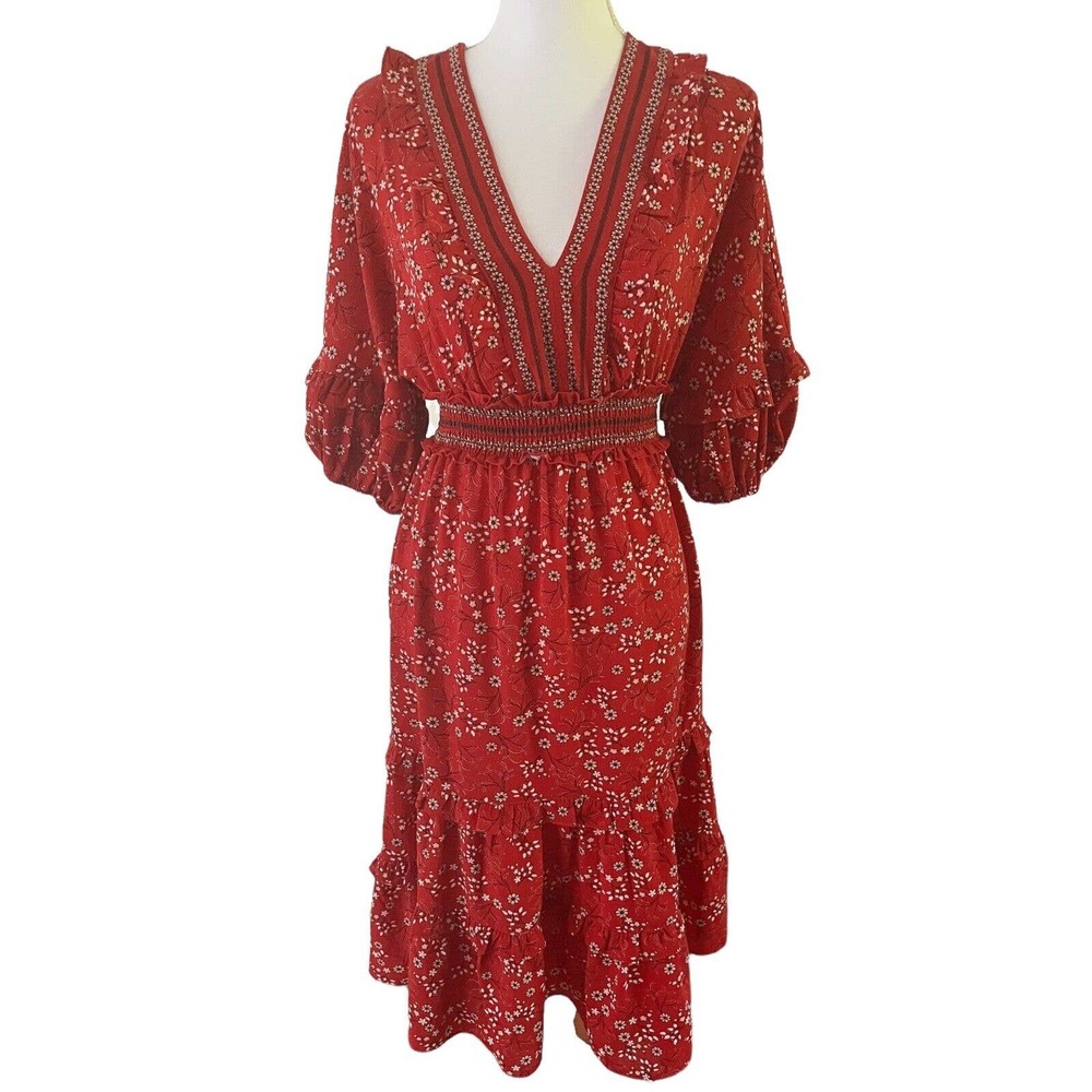 Max Studio Red Floral Bubble Crepe Knee Length Cottagecore Style Dress Size XS - Picture 3 of 8